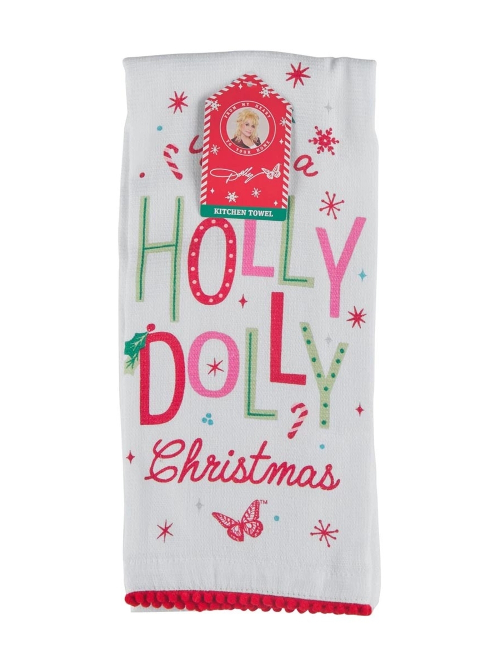 Dolly Parton Holly Dolly Christmas Kitchen Towel  White Pink Red Green